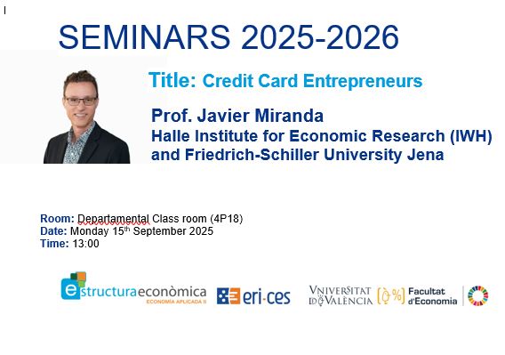 Seminars 2025 -2026. 15th September, 4P18, 13:00h Javier Miranda: Credir Card Entrepreneurs